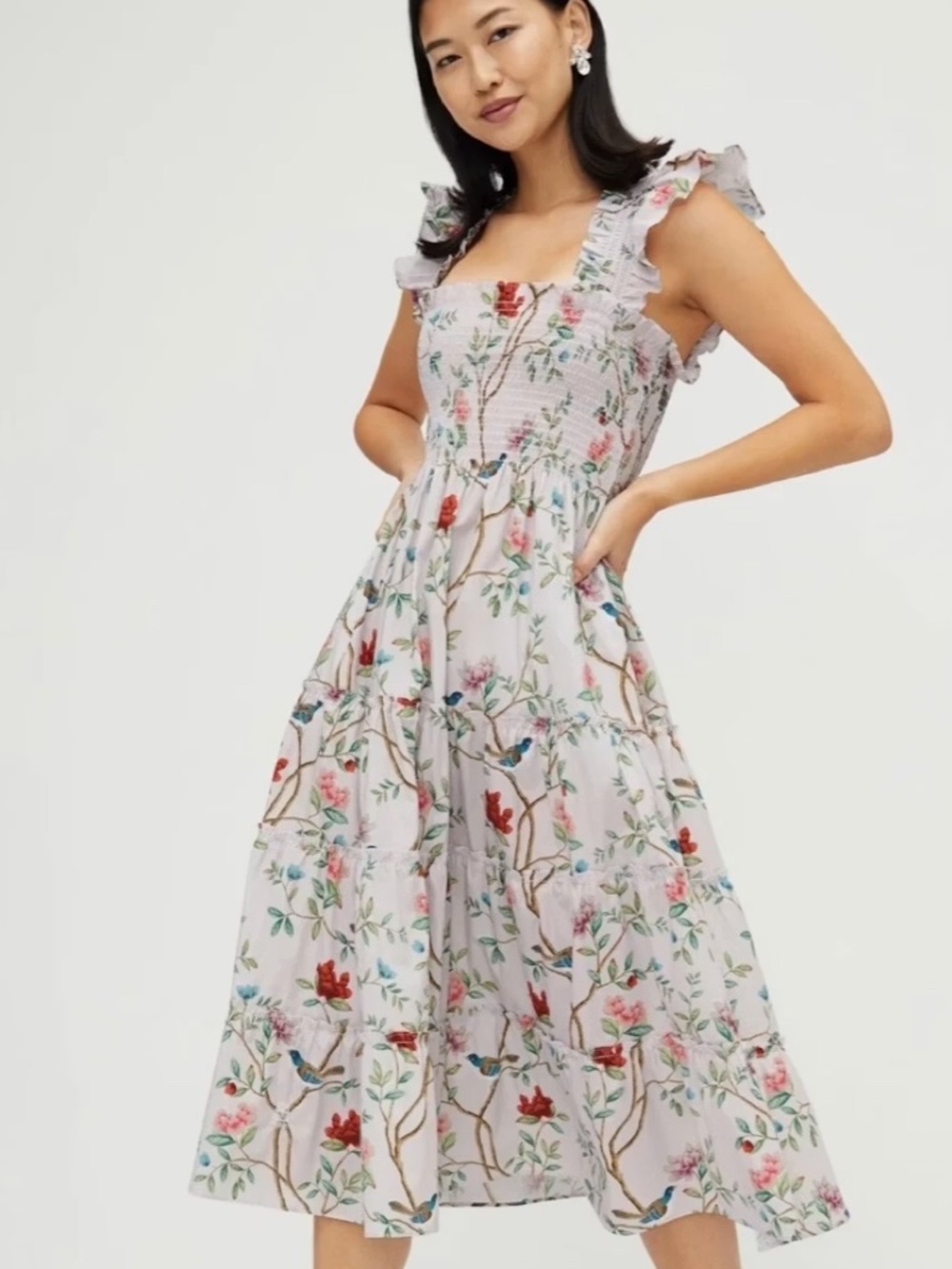 Hill House Home x Diane Hill Ellie Nap Dress Pink Floral Bird Print Smocked Midi - Picture 2 of 11